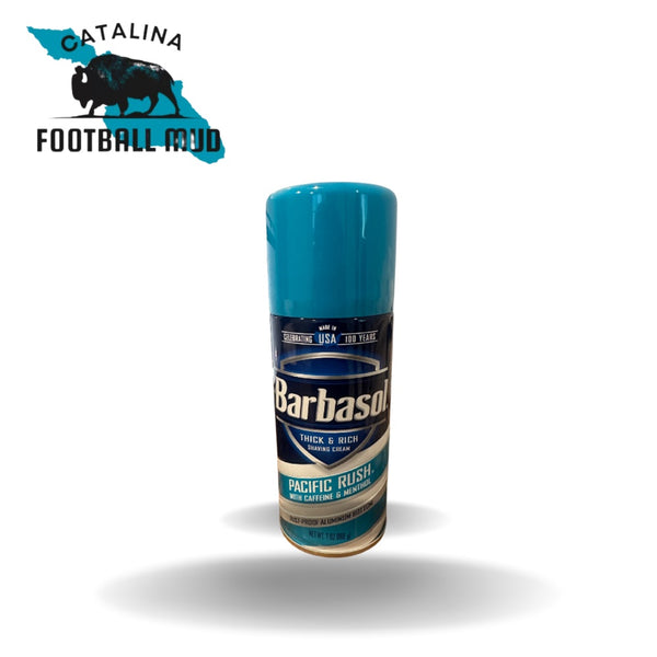 Barbasol Pacific Rush shaving cream can on a white background with Catalina Football Mud logo.