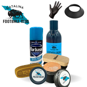 Collection of leather care products including a bottle, can, and various containers with visible branding on a white background.