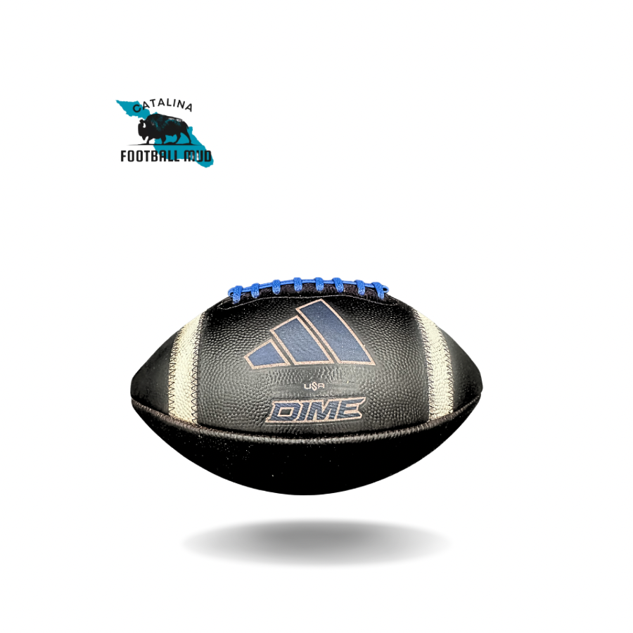 Black football with blue laces on a white background, featuring the Dime brand logo.