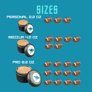 Comparison chart of product sizes with football mud on a blue background